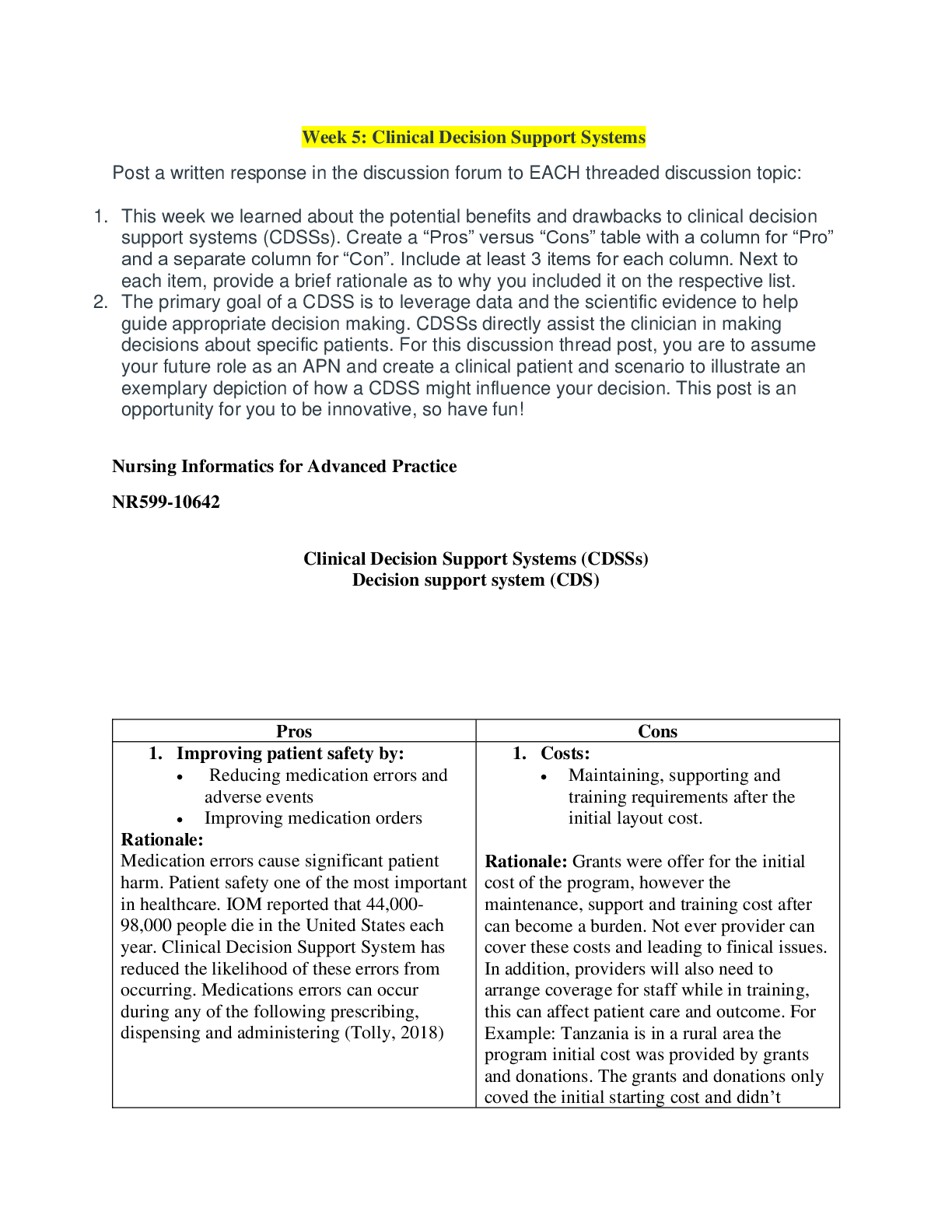 Preview image for NR 599 Week 5: Clinical Decision Support Systems
